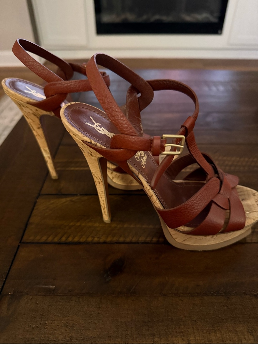 YSL Tribute sandal Designer Brown Leather with cork Slingback Heels